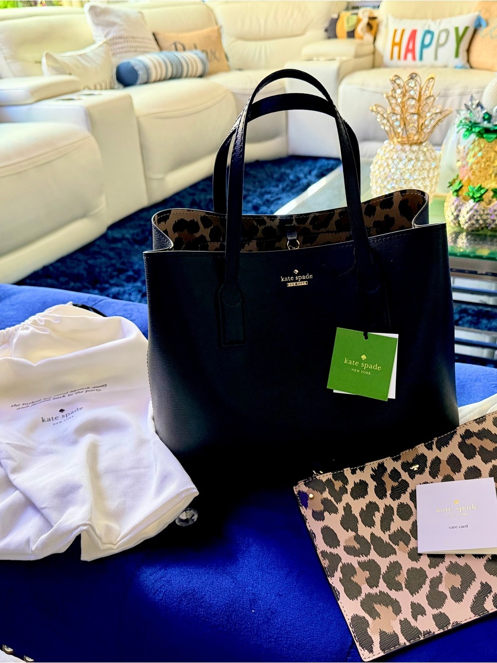 Authentic Kate Spade Black Tote with Leopard-Print Inner Lining